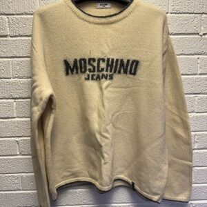 Moschino Jeans Gray and Cream Crewneck Sweater with Bold Logo